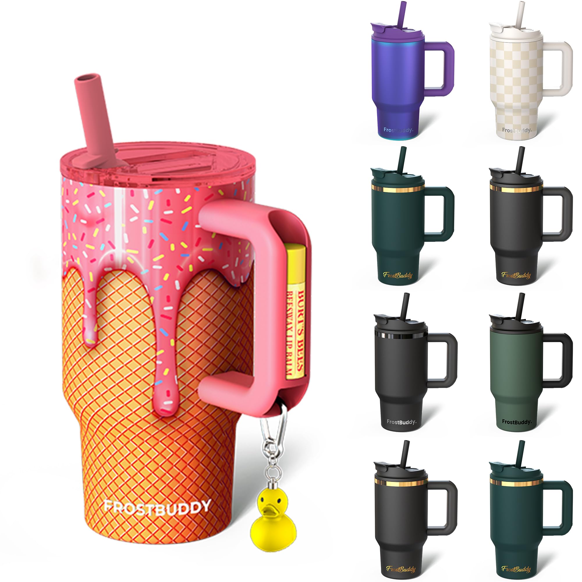 Frost Buddy Thicc Buddy insulated tumbler 16oz with lid and straw for on-the-go temperature control.