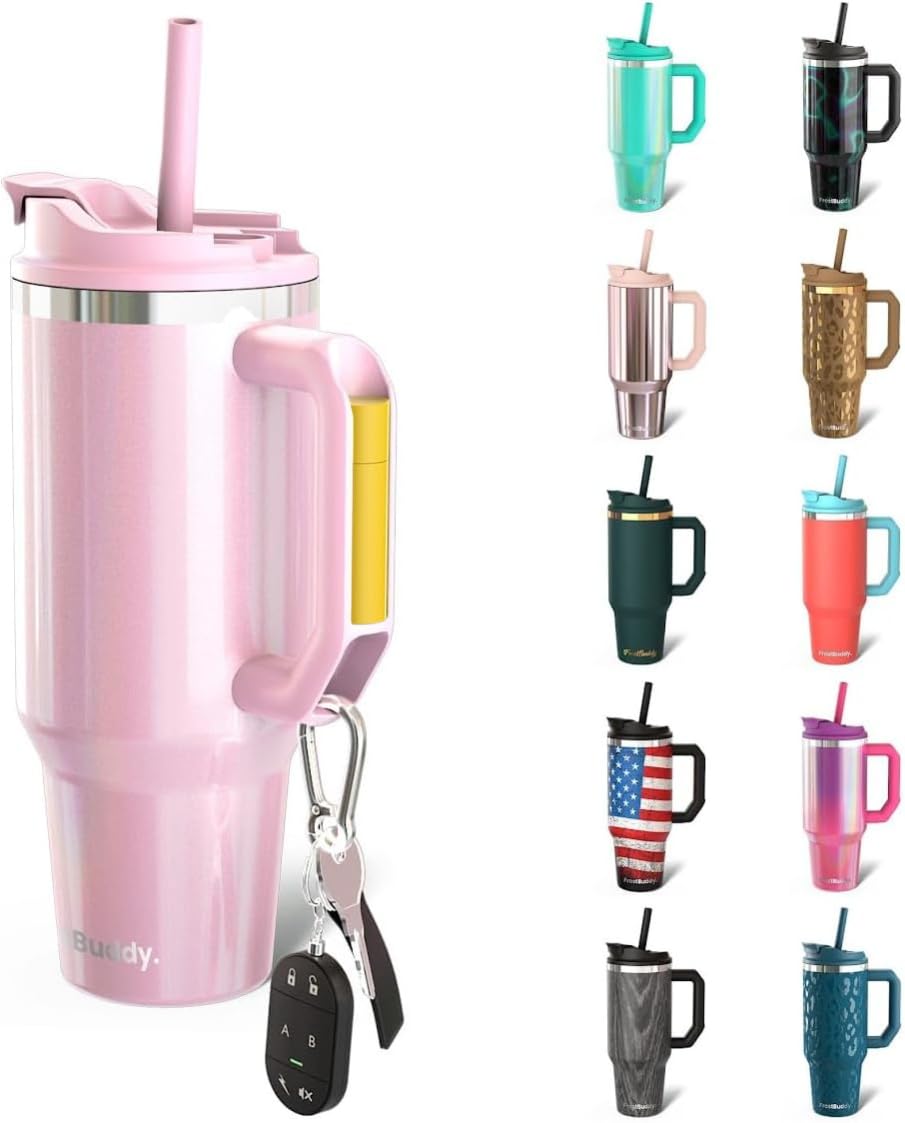 Frost Buddy Thicc Buddy pink glitter bottle side view ideal for on-the-go hydration