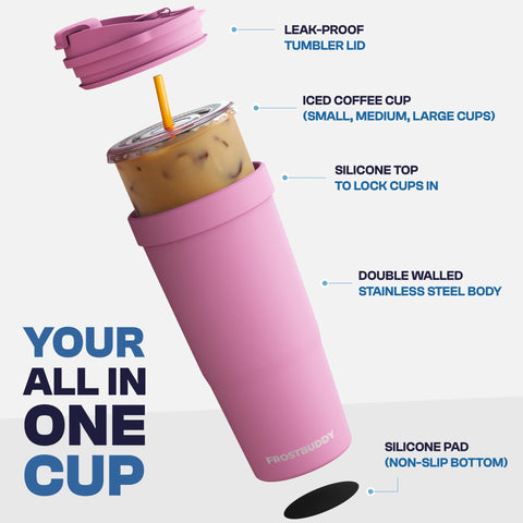 Frost Buddy Togo Buddy 30oz tumbler flip lid prevents spills during travel.