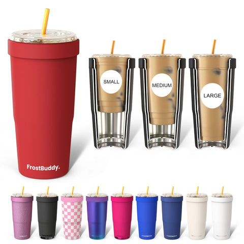 Frost Buddy Togo Buddy Crimson flip lid keeps drinks secure during travel