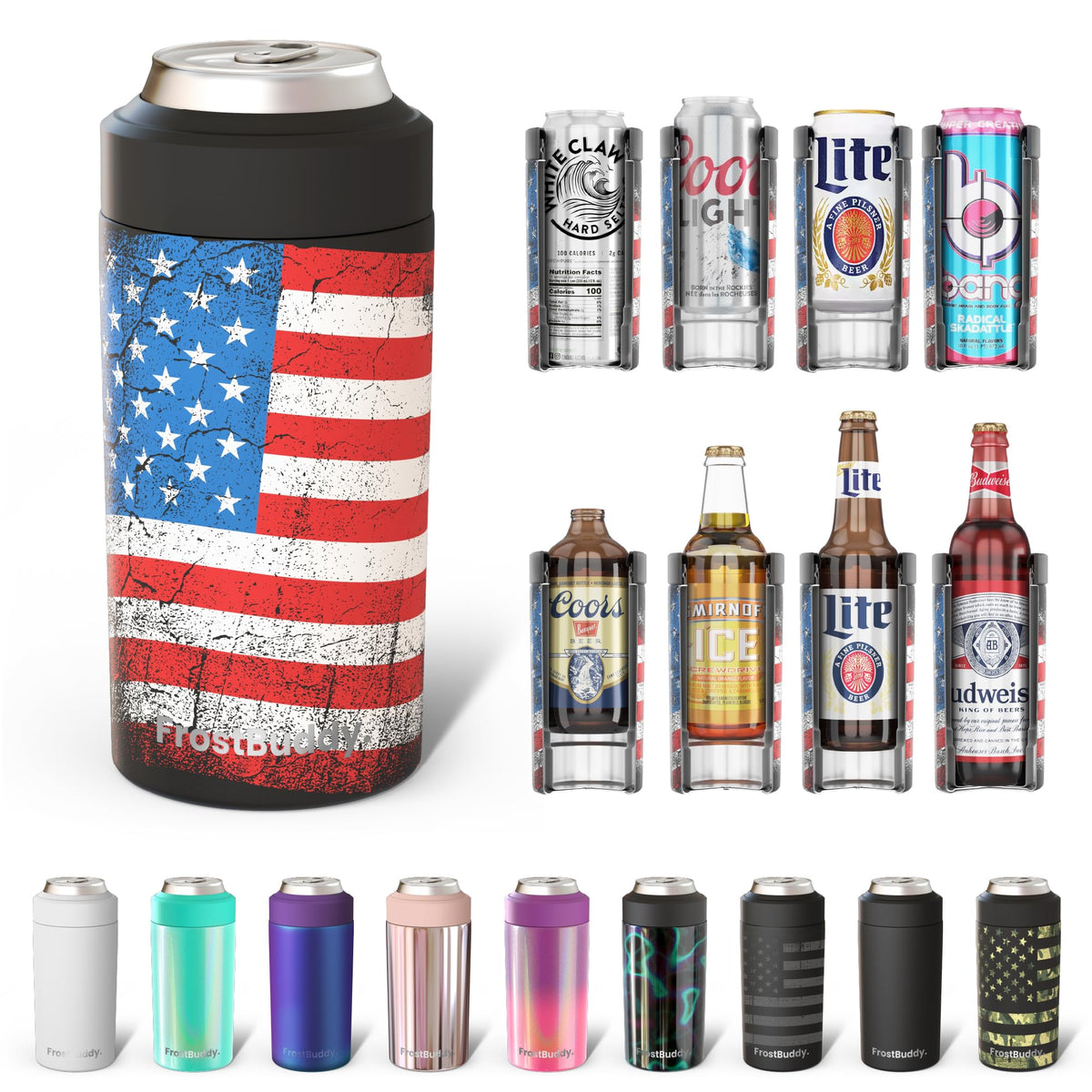 Frost Buddy universal can cooler fits 12oz, 16oz, and slim bottles for versatile drinks.