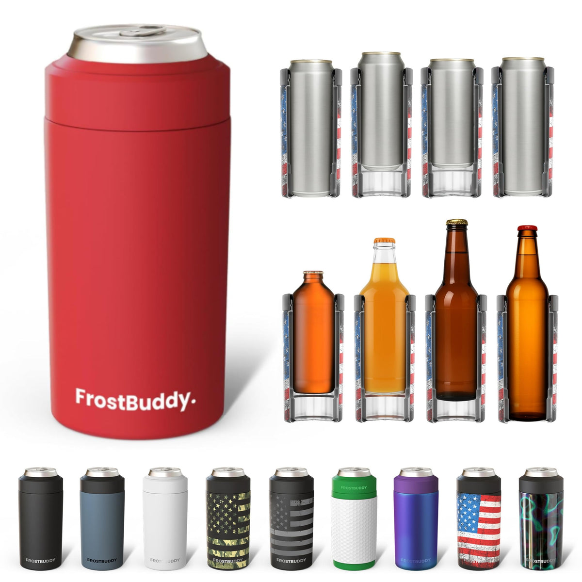 Frost Buddy universal 12oz fit keeps drinks cold on the go.