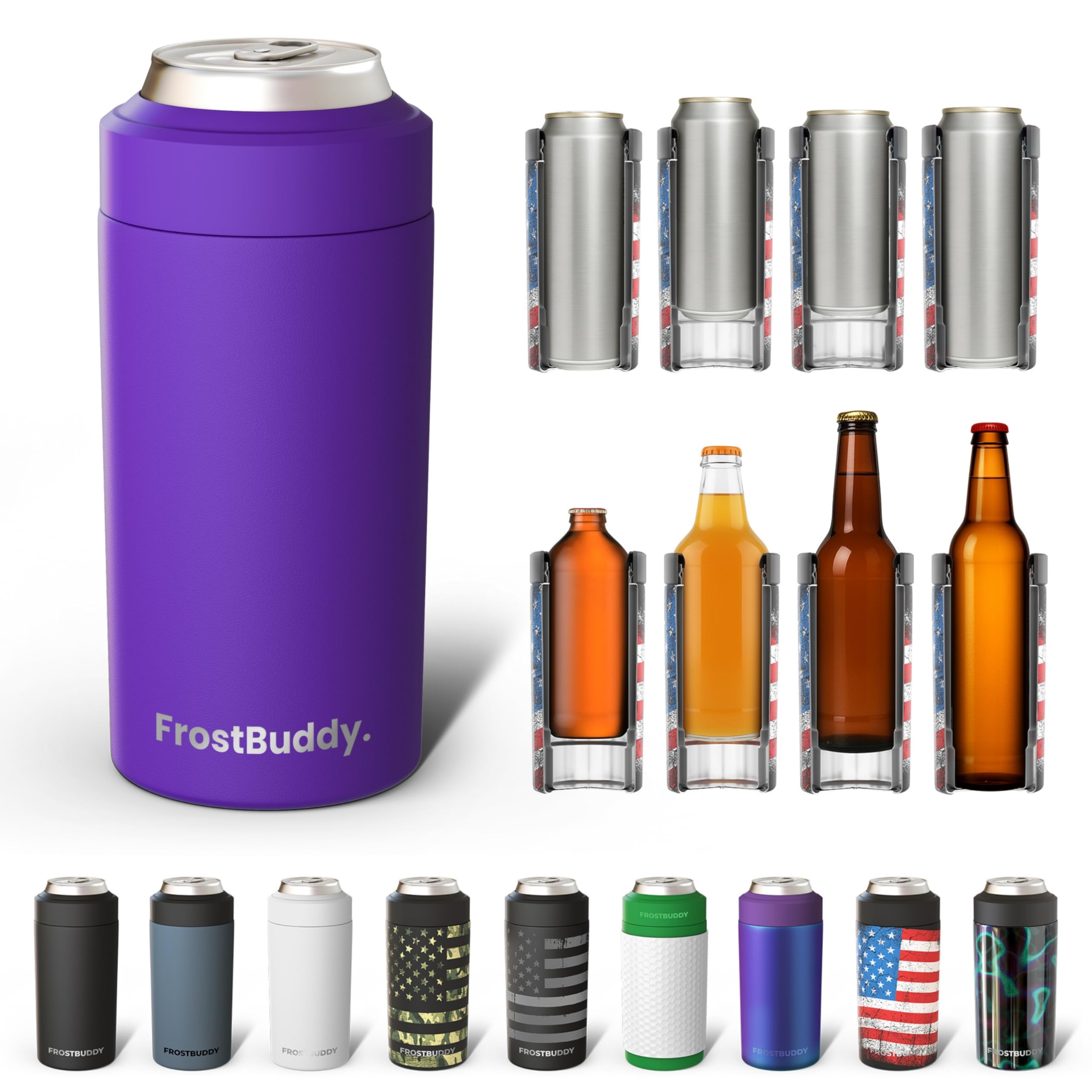 Frost Buddy purple front view universal can cooler highlights sleek insulated design for all drink sizes