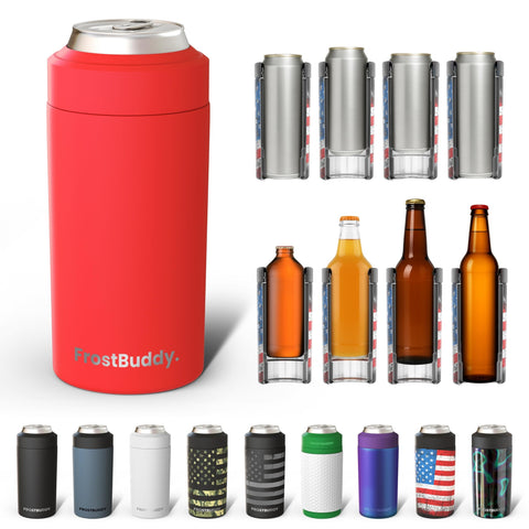 Frost Buddy universal can cooler red front view showing five-size compatibility