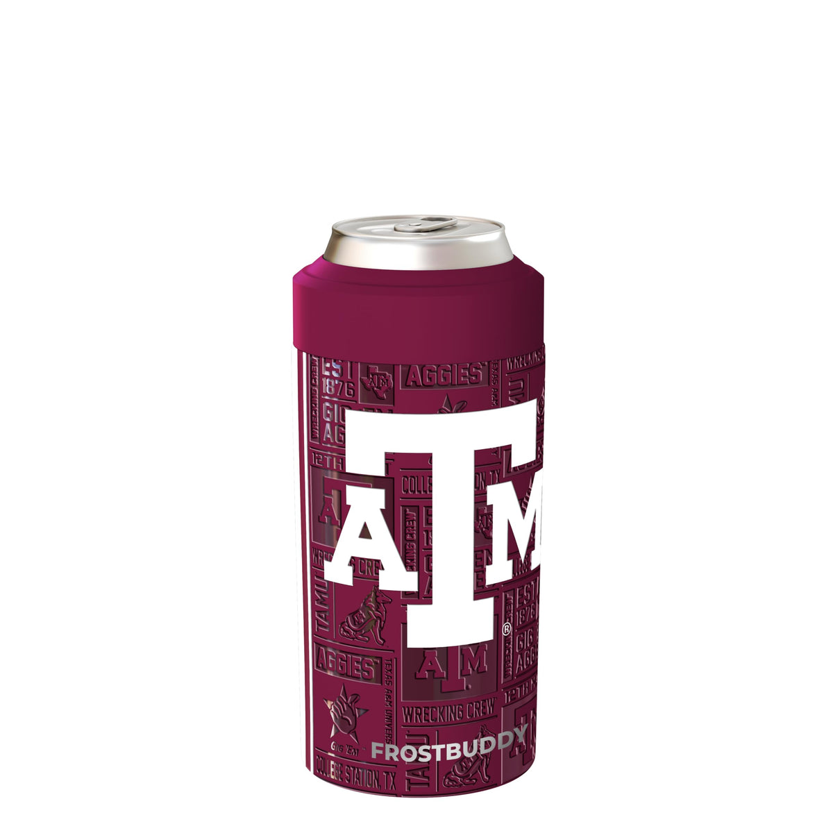 Frost Buddy universal can cooler fits 12oz and 16oz cans, keeps drinks cold longer.