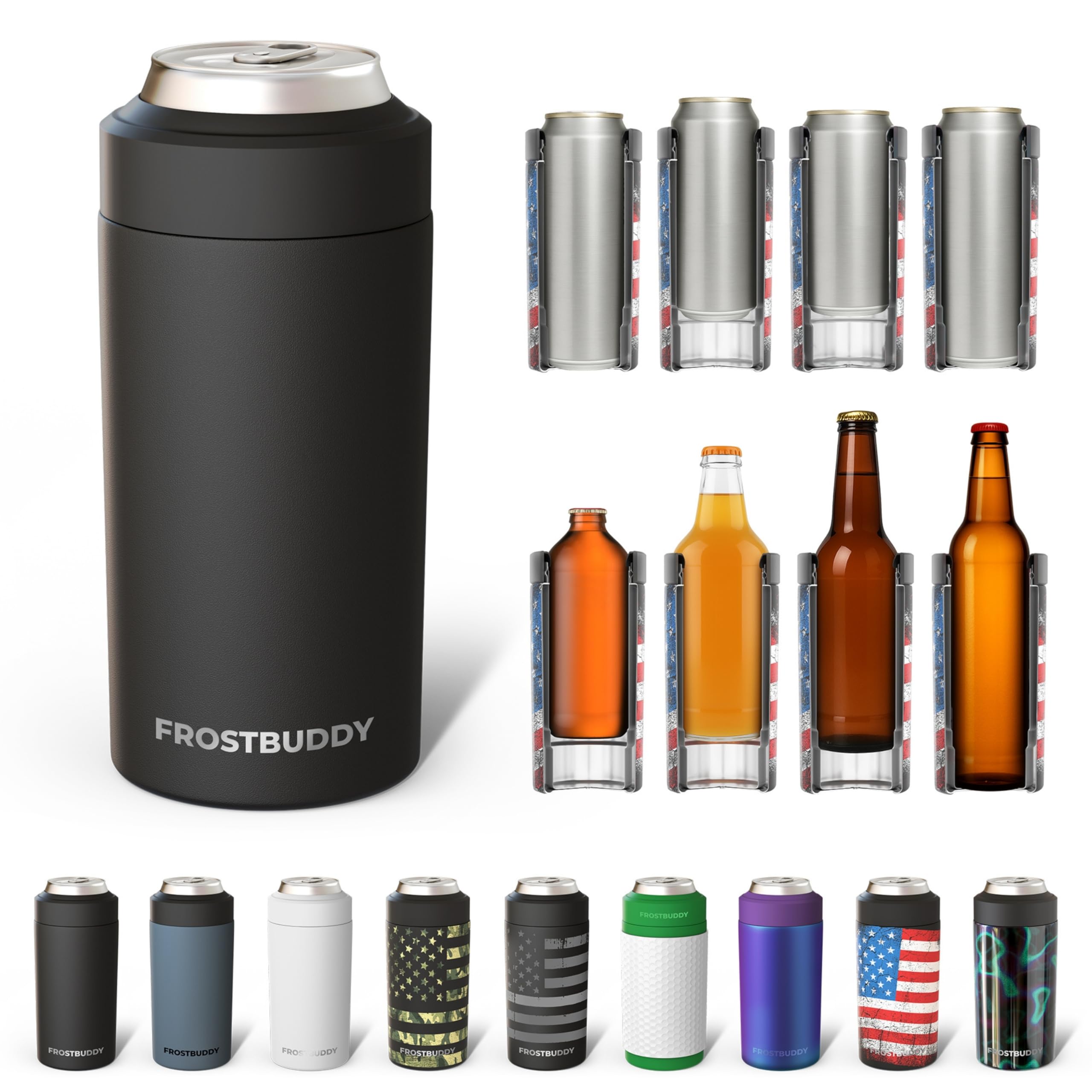 Frost Buddy universal can cooler fits 12 oz cans and keeps drinks cold.