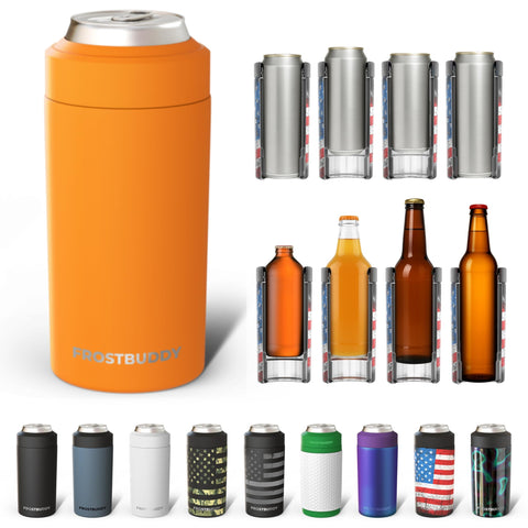 Frost Buddy Universal Can Cooler shows 12oz and slim-can compatibility for versatile drinking.