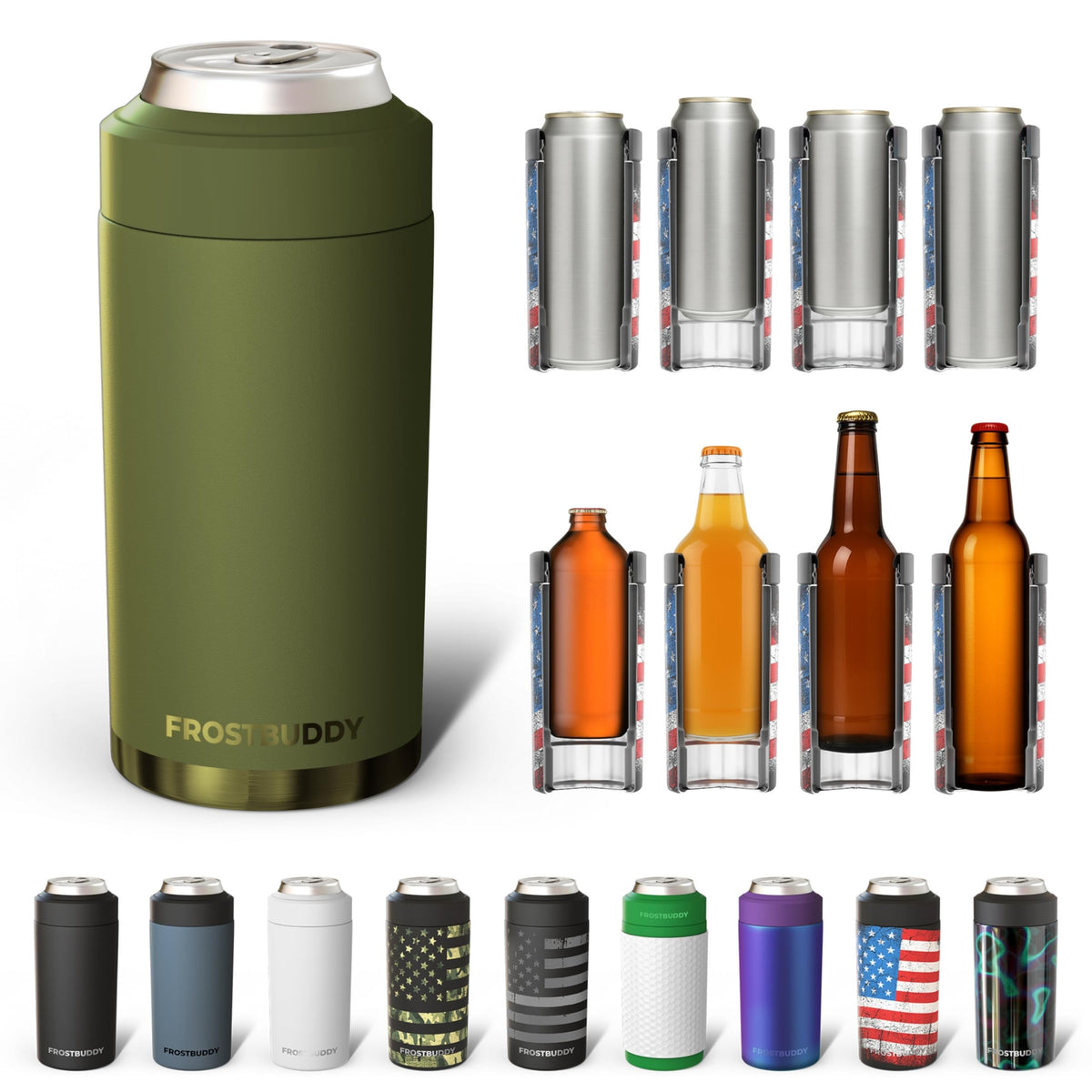 Frost Buddy universal can cooler showing 12oz slim fit, keeps drinks cold longer.