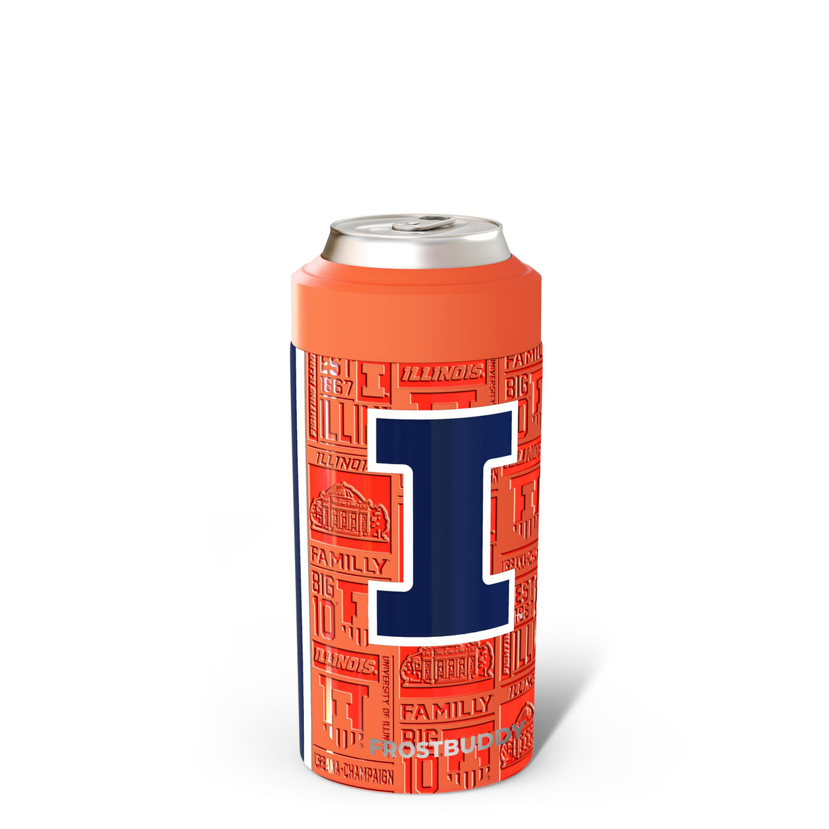 Frost Buddy universal can cooler fits 12oz cans keeping drinks icy cold.