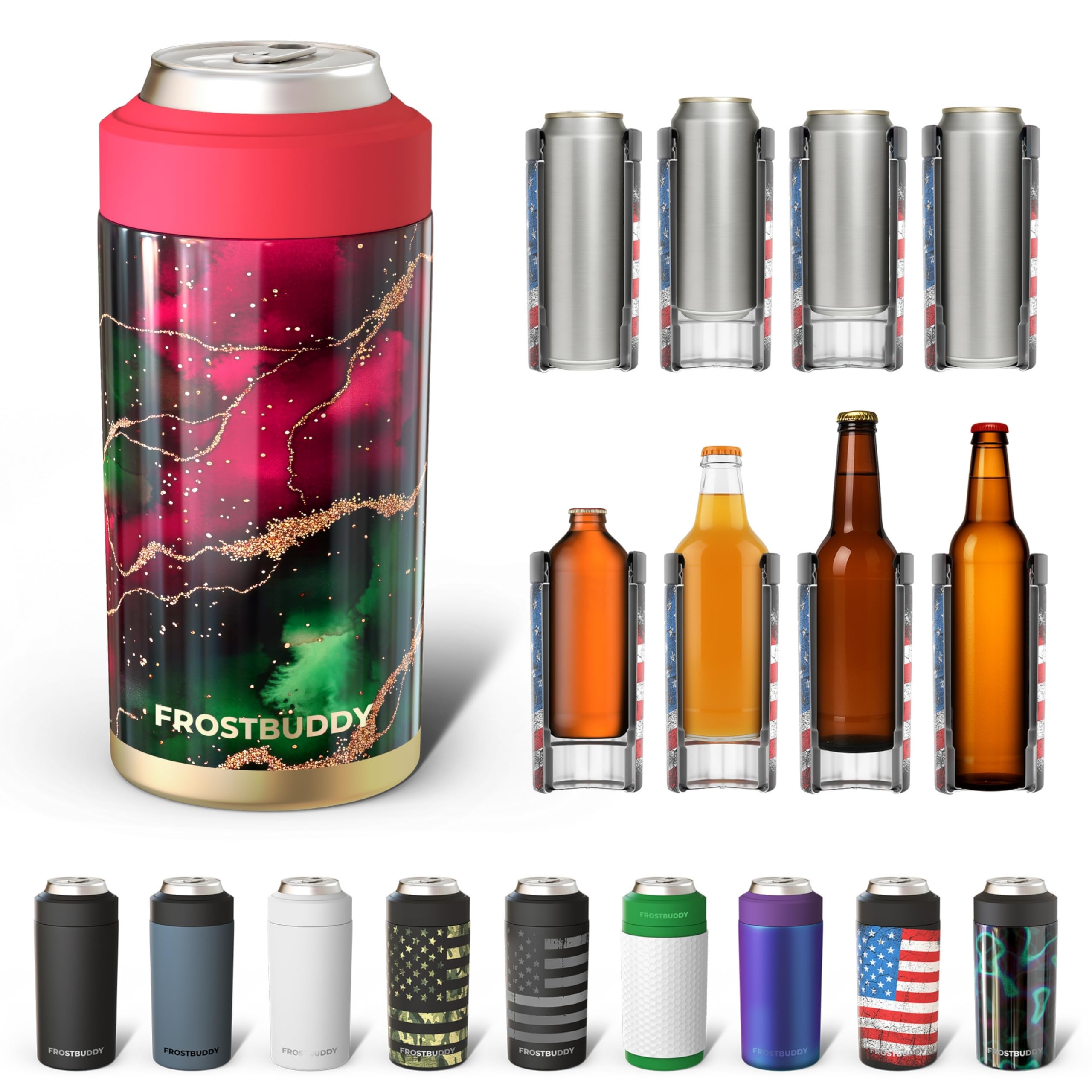 Frost Buddy universal can cooler with five sizes in one for versatile drinks