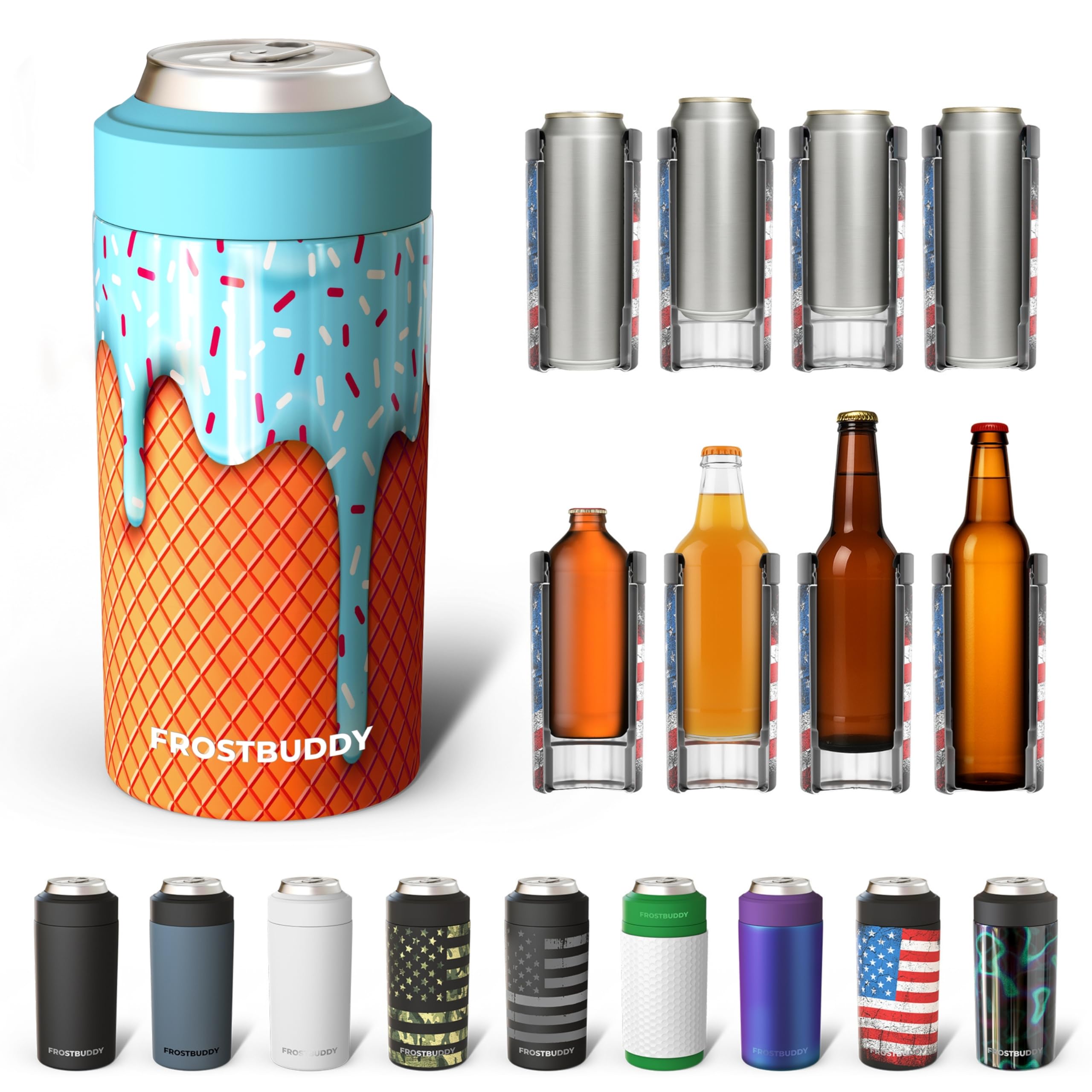 Frost Buddy universal can cooler with blue ice cream color at the beach for cooling advantage.