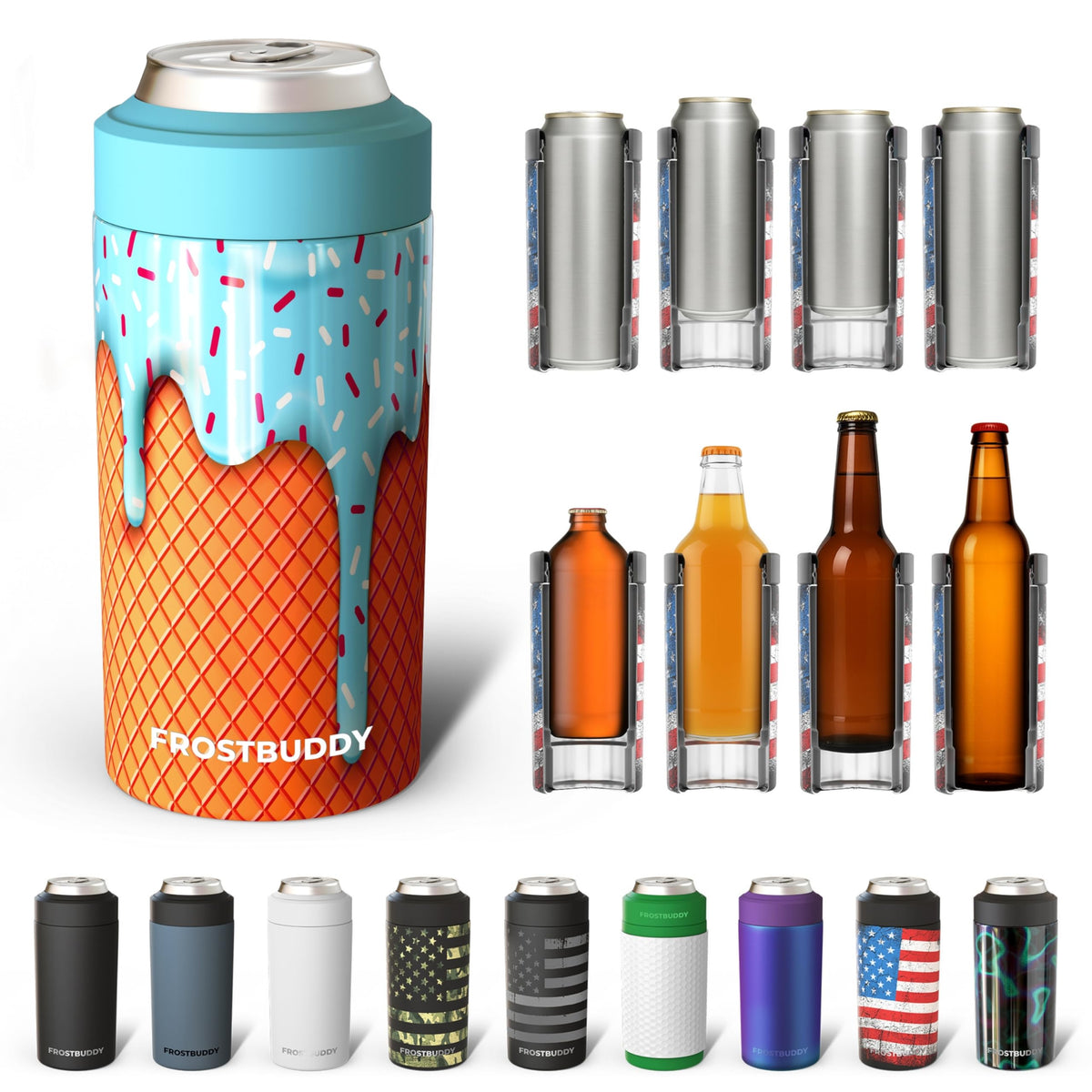 Frost Buddy universal can cooler with blue ice cream color at the beach for cooling advantage.
