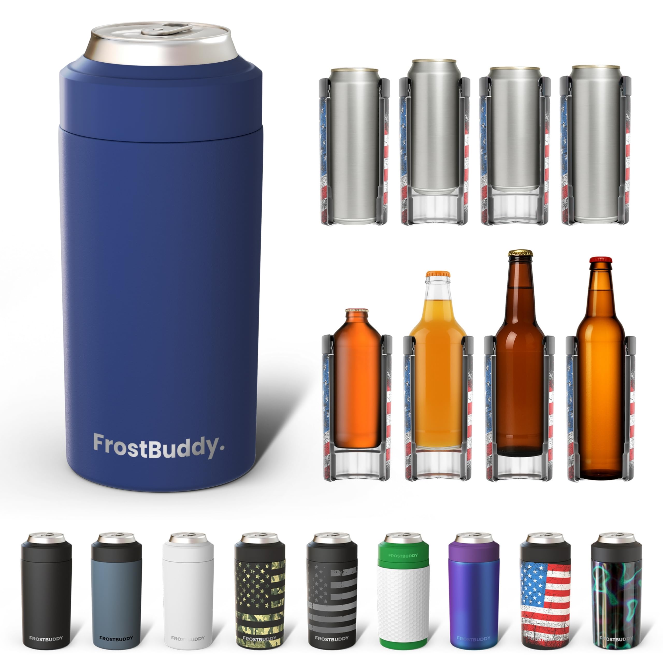 Frost Buddy universal cooler navy for 12oz cans keeps drinks cold at the beach