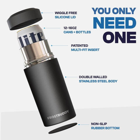 Frost Buddy universal can cooler patented lid enables quick sip switching.