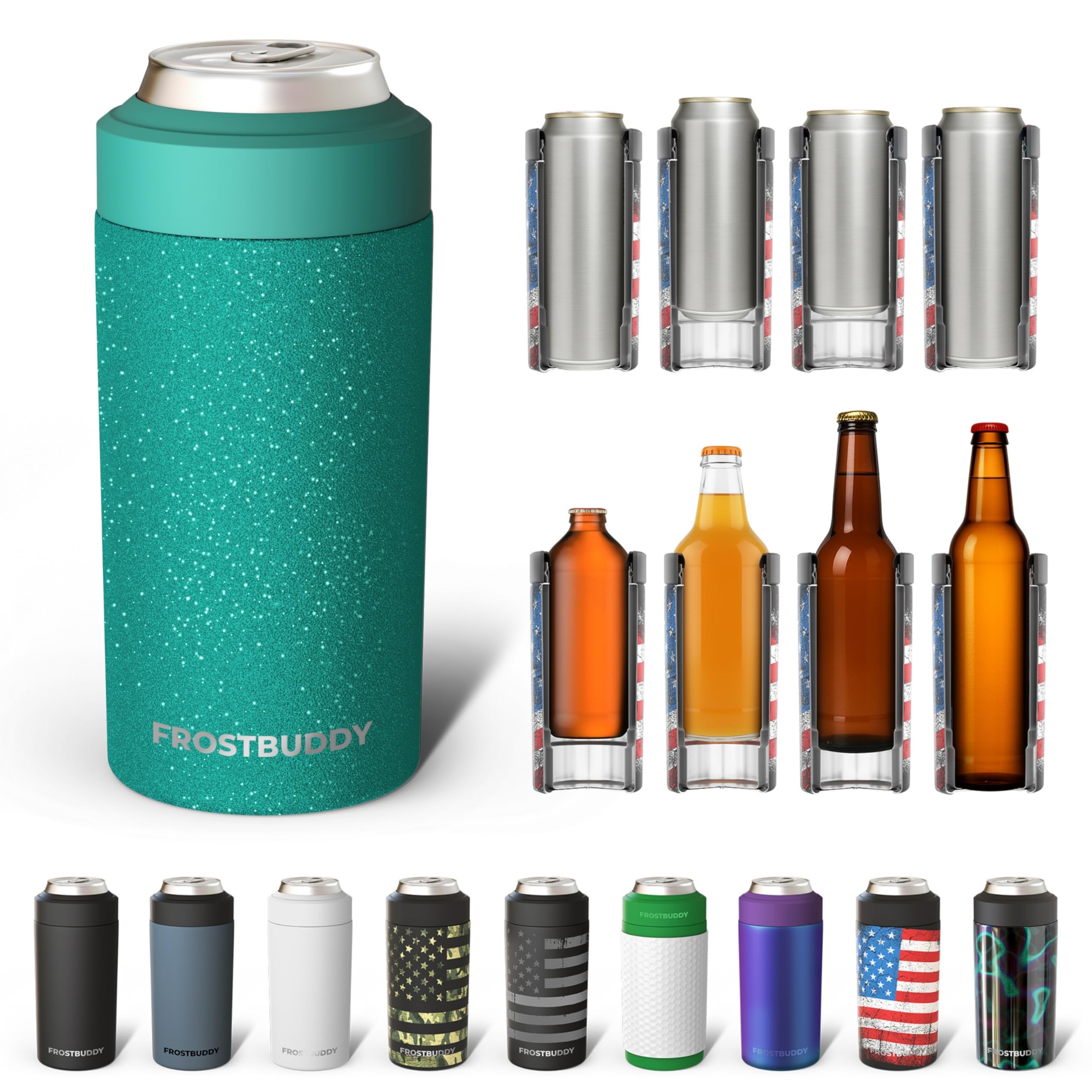 Frost Buddy universal can cooler in teal glitz keeps 12oz and 16oz drinks cold on the go.
