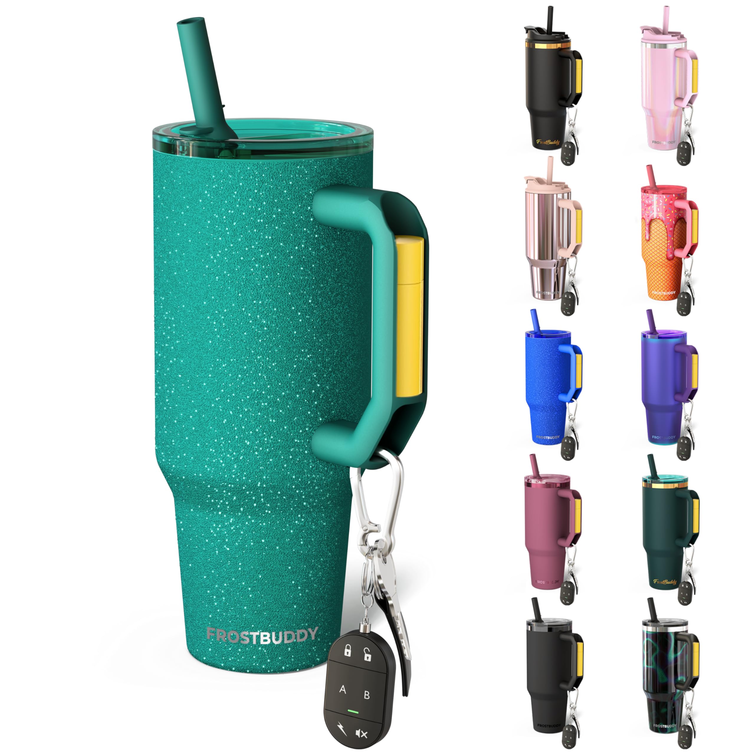 Frost Buddy Thicc Buddy 40oz tumbler-teal-glitz lid close-up showing spill-resistant travel use