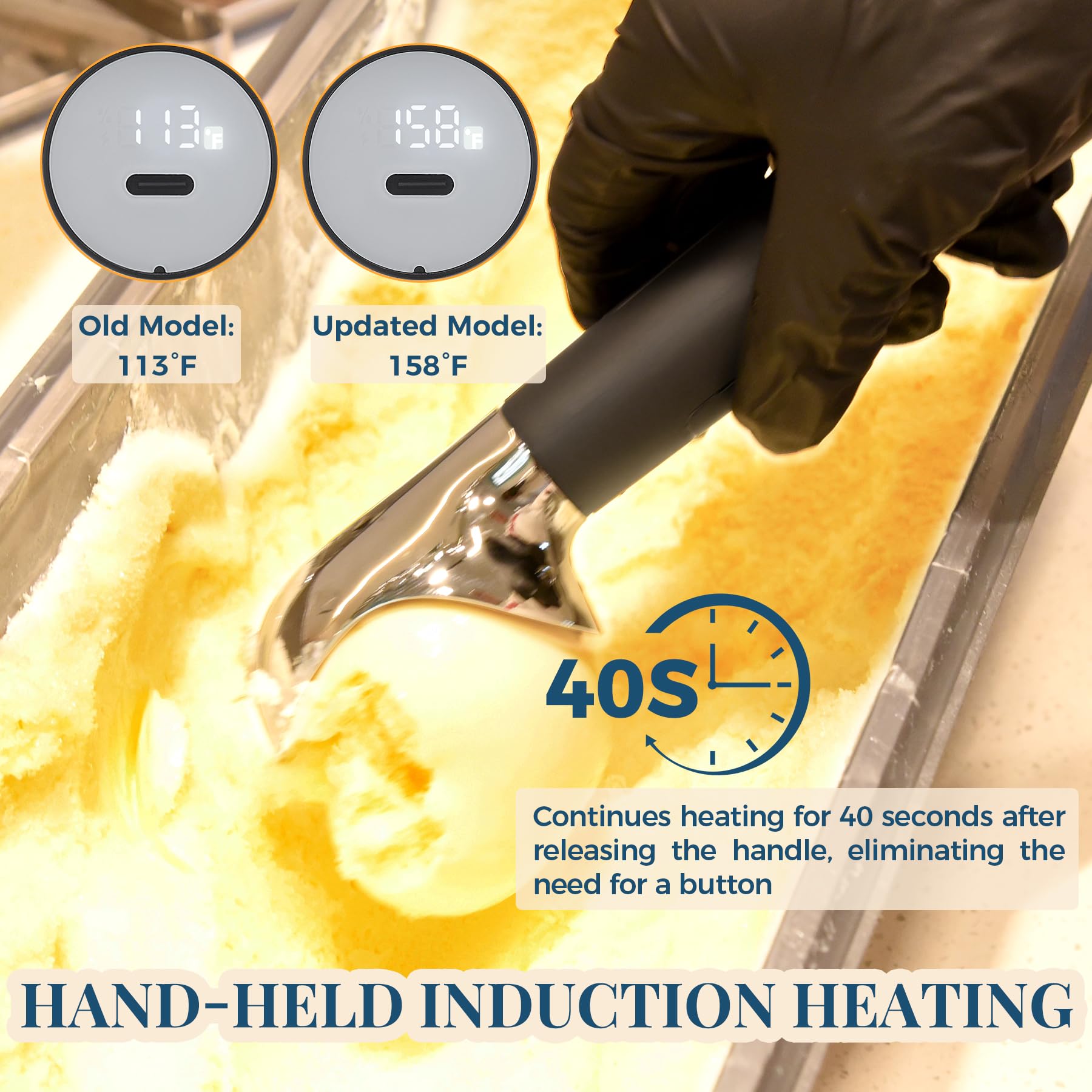 FrostJoy ice cream scoop heats to 158°F for effortless hard ice cream servings.
