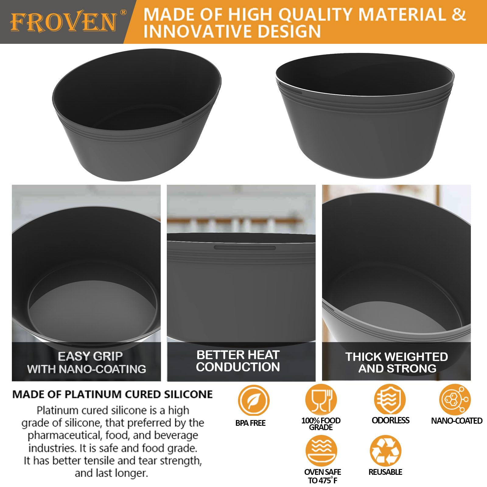 FROVEN silicone liner is BPA-free and dishwasher safe for quick cleanup.