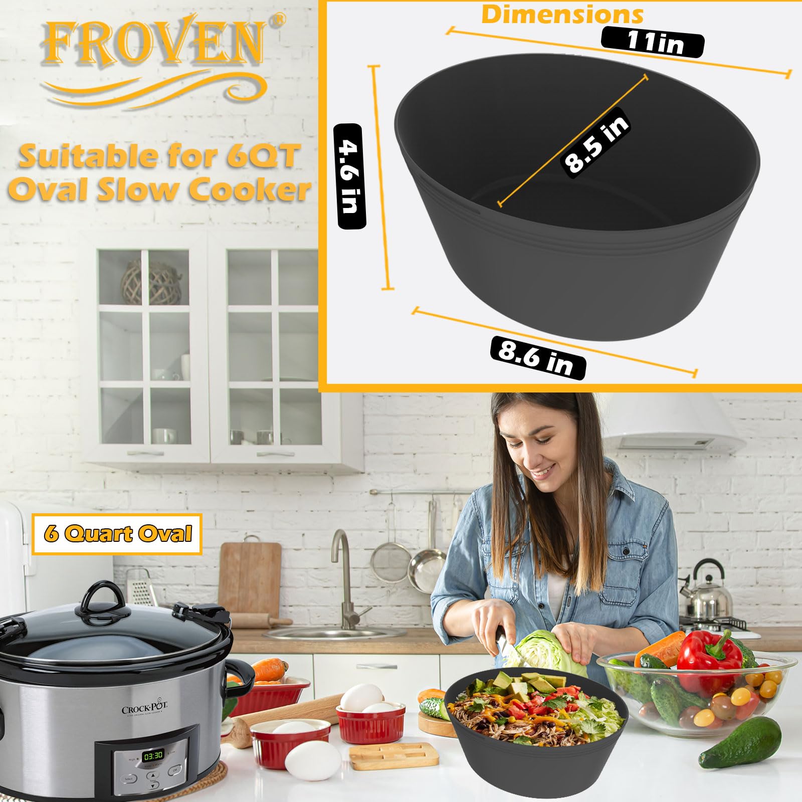 FROVEN liner in use inside an oval crockpot during prep to prevent sticking.