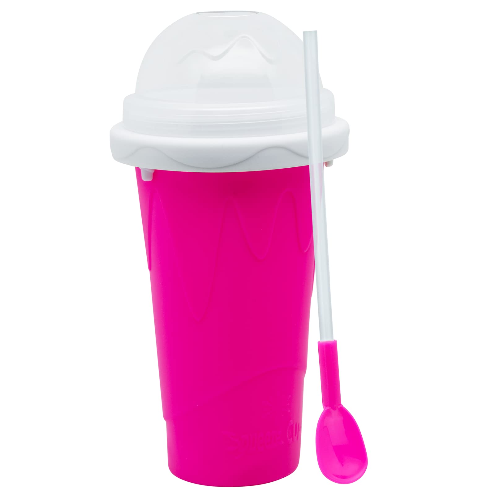 Frozen Magic Slushy Maker Cup red being squeezed for instant slushy texture