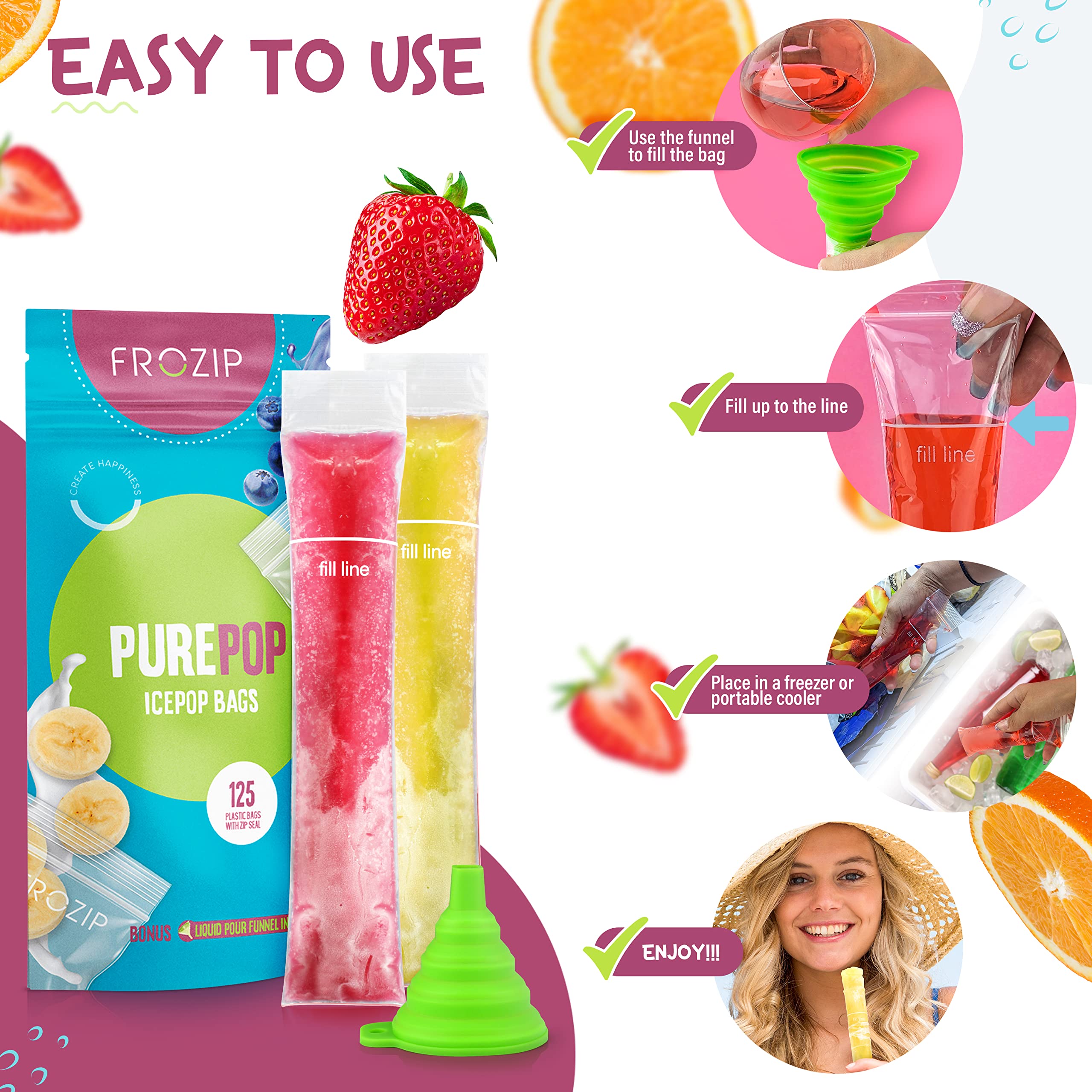 FROZIP funnel included simplifies pouring into bags.