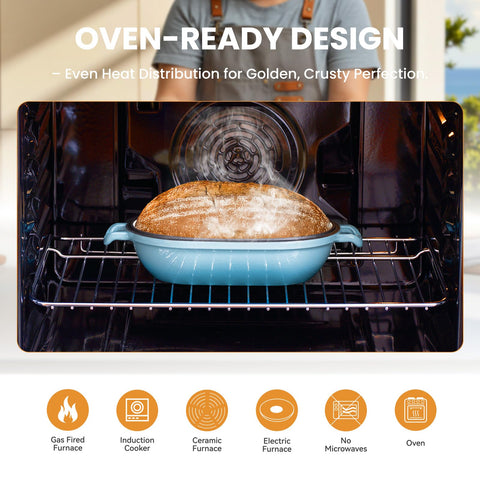 FRRLY enameled cast iron pan on stovetop ready for searing