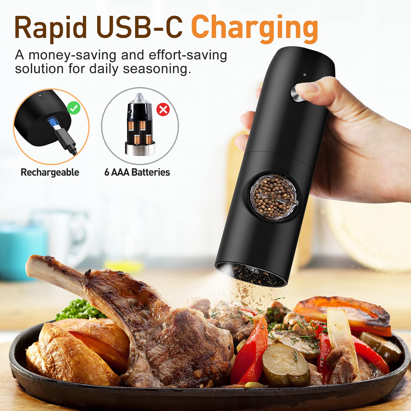 FRTONYI electric grinder black with LED light for effortless one-handed seasoning.