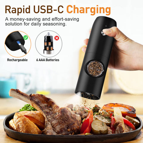 FRTONYI electric grinder black with LED light for effortless one-handed seasoning.