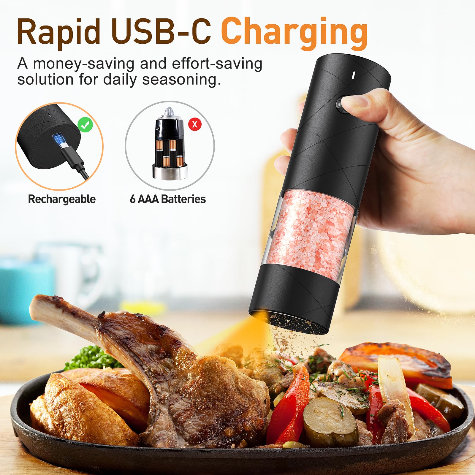 FRTONYI grinder with LED light in action for precise seasoning in low light