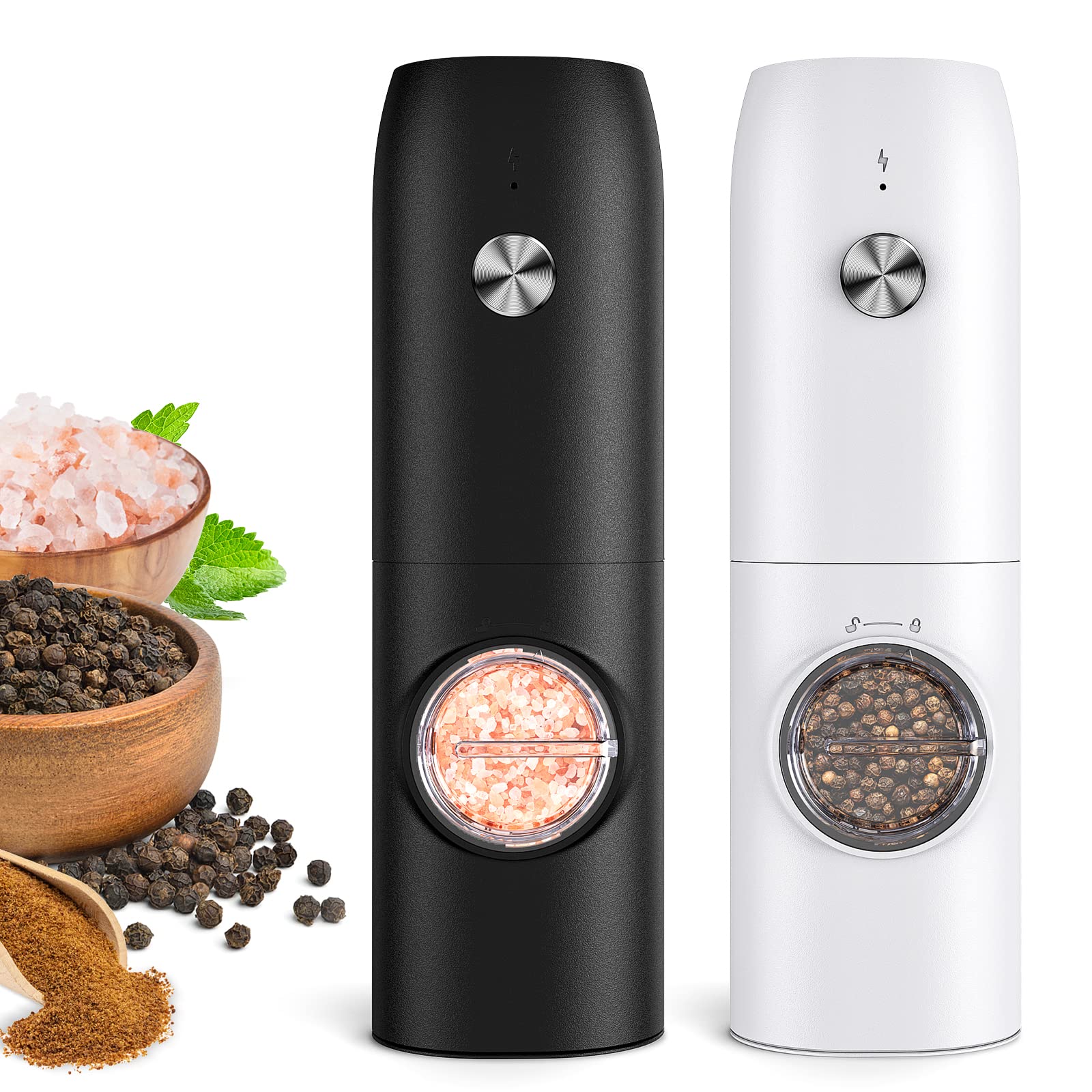 FRTONYI electric grinder white with LED in action for precise seasoning.