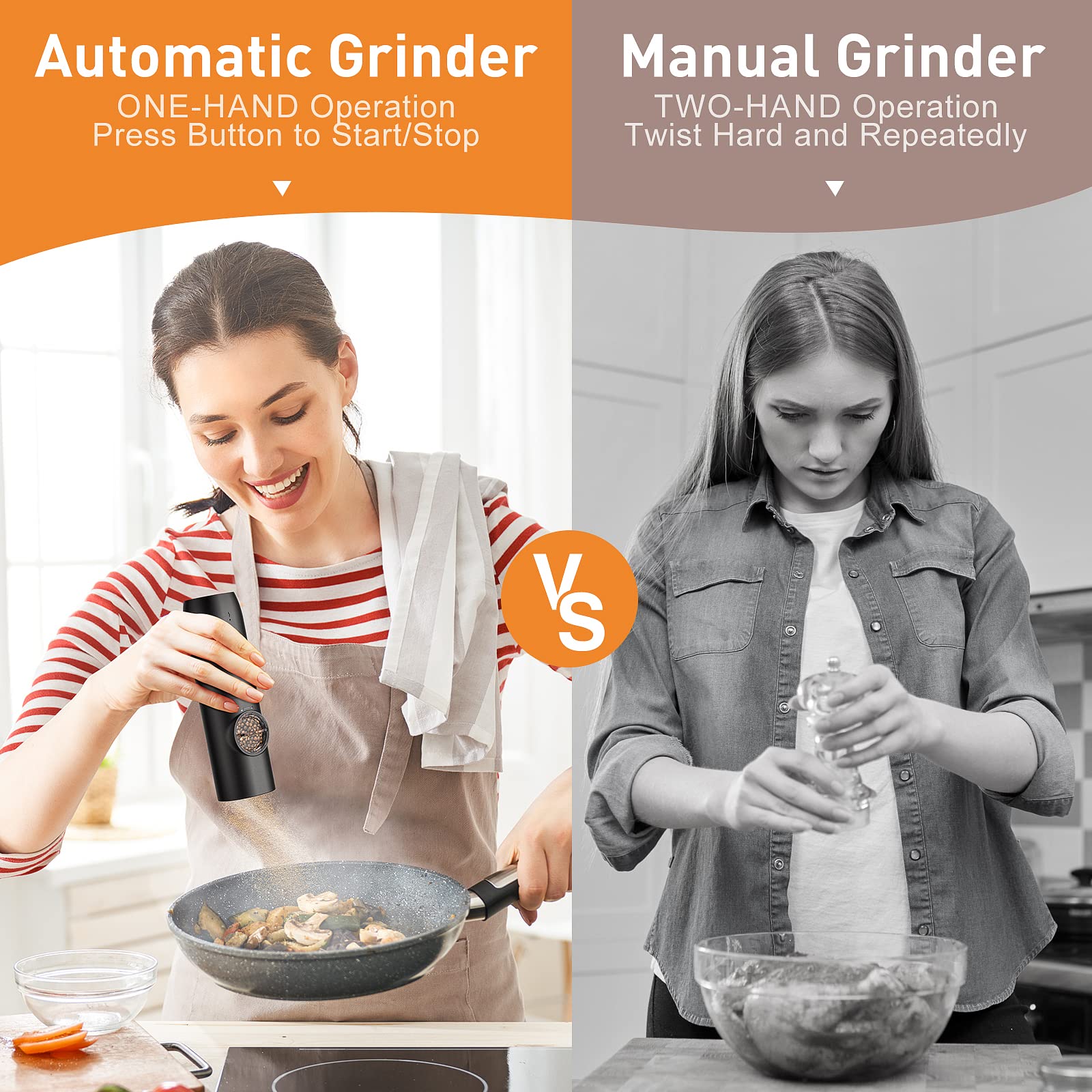 FRTONYI grinder showcasing one-handed operation button for quick seasoning.