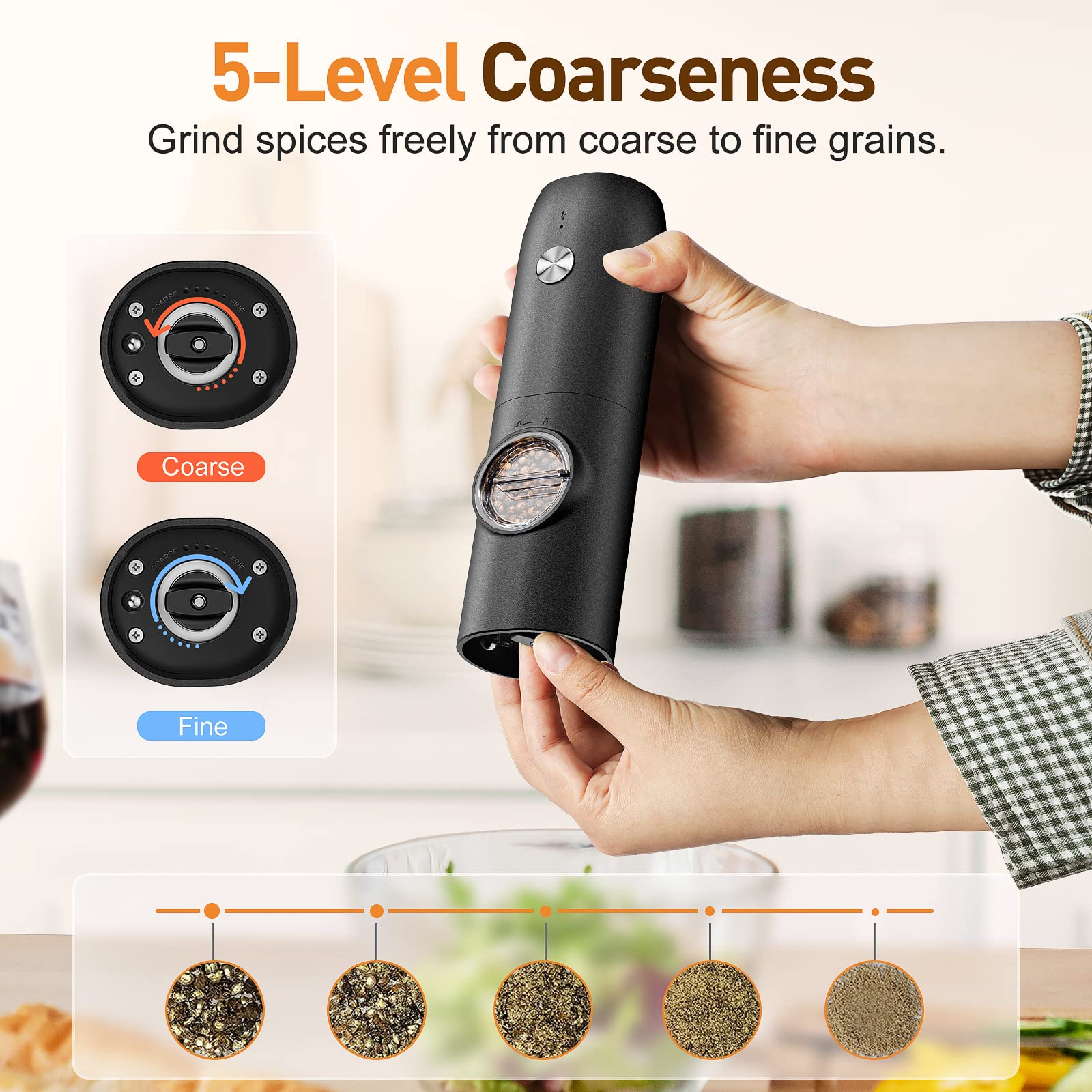 FRTONYI grinder highlighting Type-C fast charging for uninterrupted use.