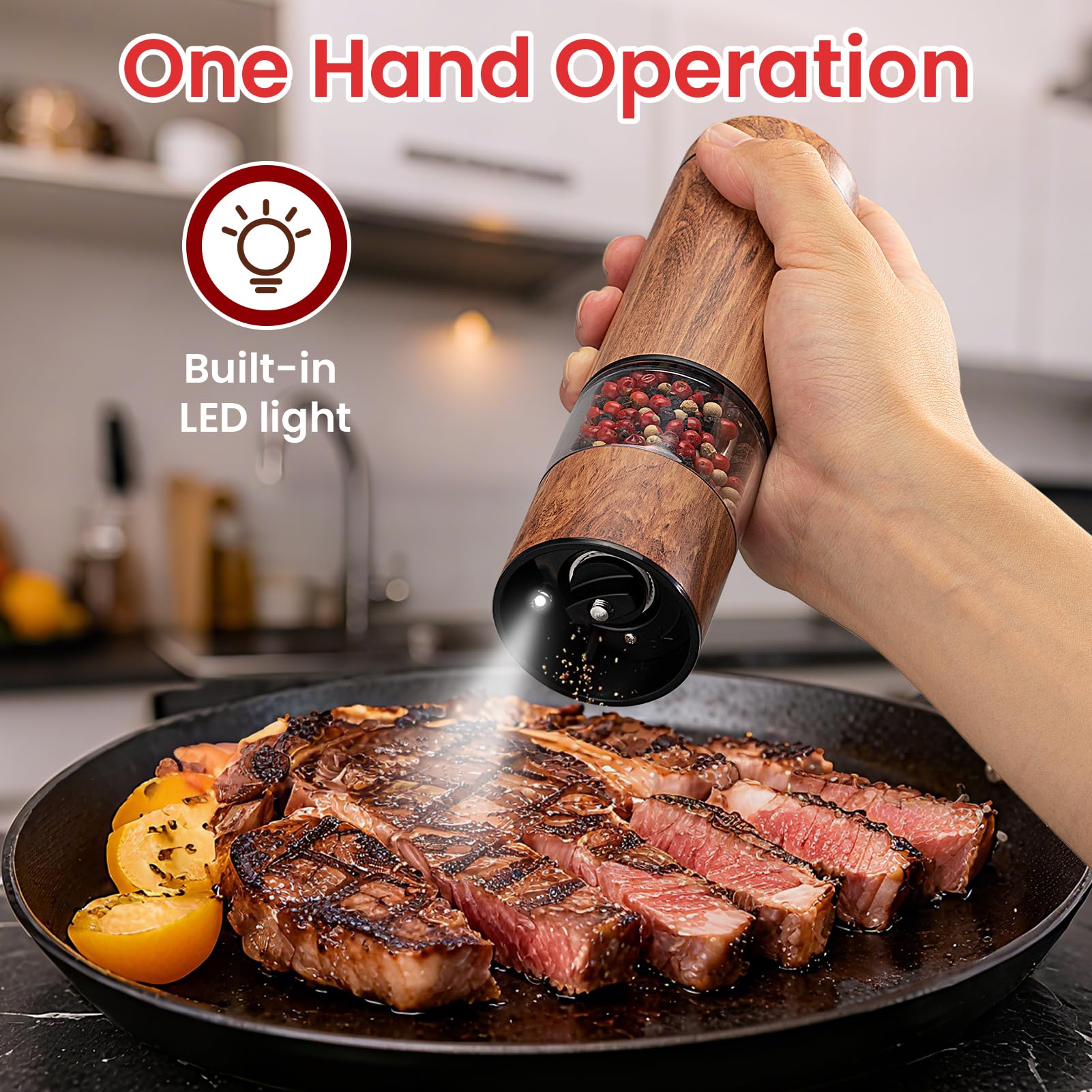 Fruspace grinder in action showing the LED light for precise seasoning