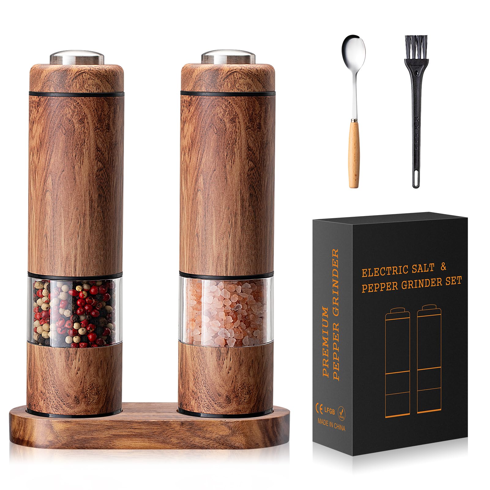 Fruspace electric grinder front view with wood base for effortless table seasoning