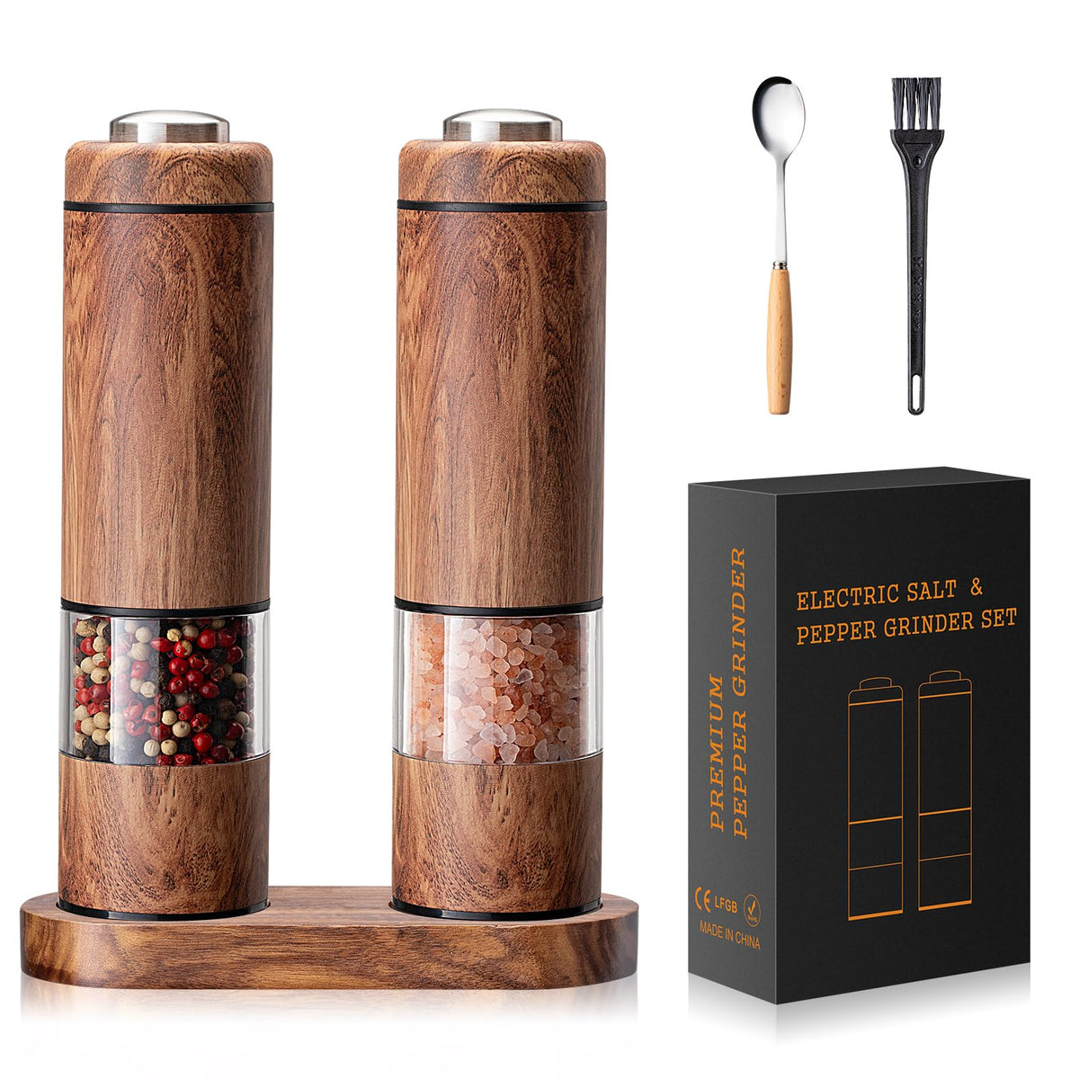 Fruspace electric grinder front view with wood base for effortless table seasoning