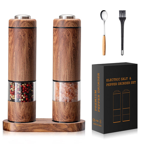 Fruspace electric grinder front view with wood base for effortless table seasoning