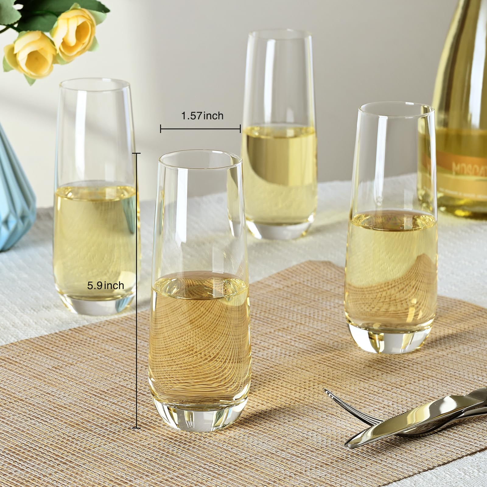 FrutPunch 8oz stemless champagne flutes offer sturdy base and splash-free serving.