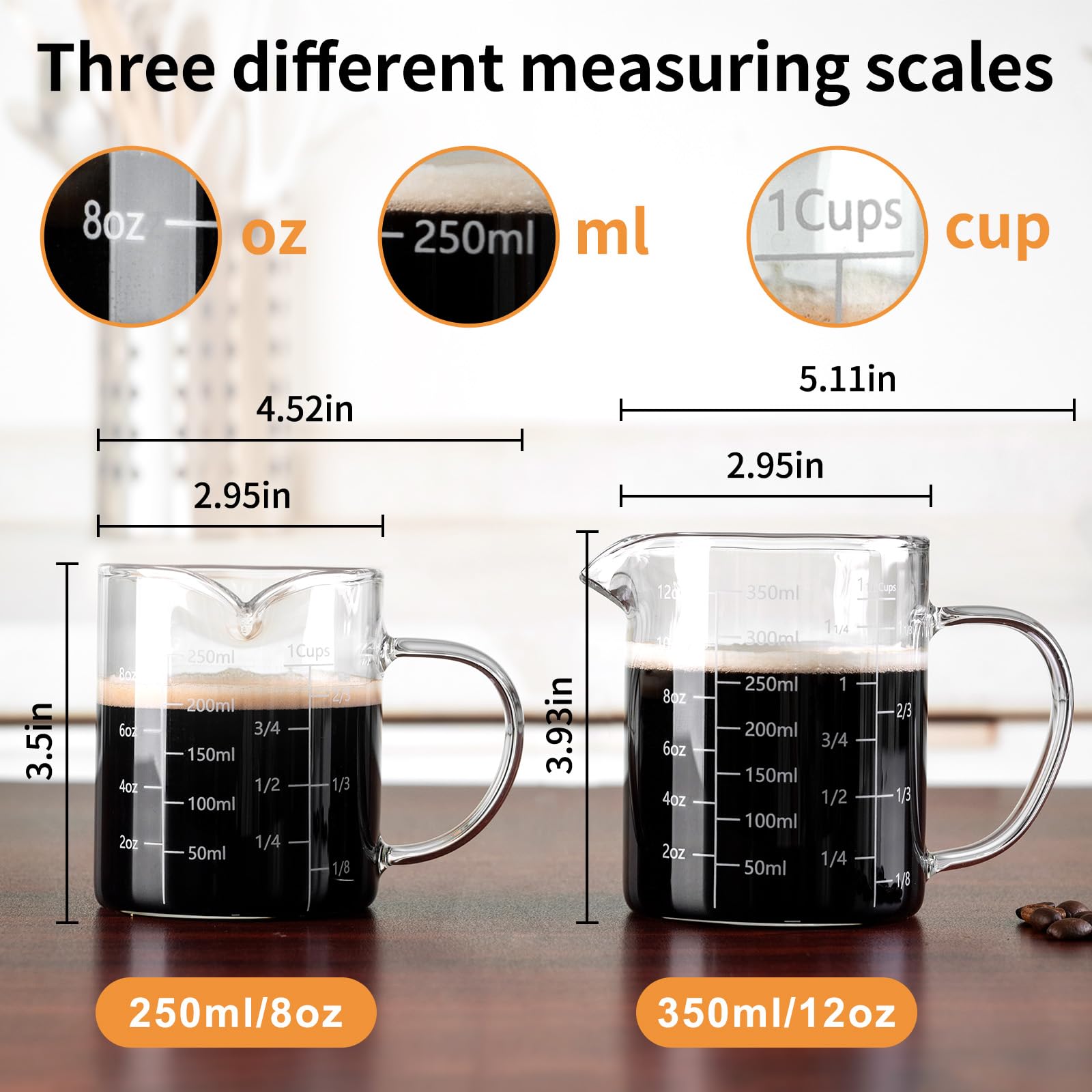 FrutPunch 12oz glass measuring cup with V-shaped mouth for controlled flow.