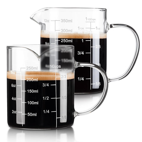 FrutPunch 8oz glass measuring cup with V-shaped mouth for precise pouring.