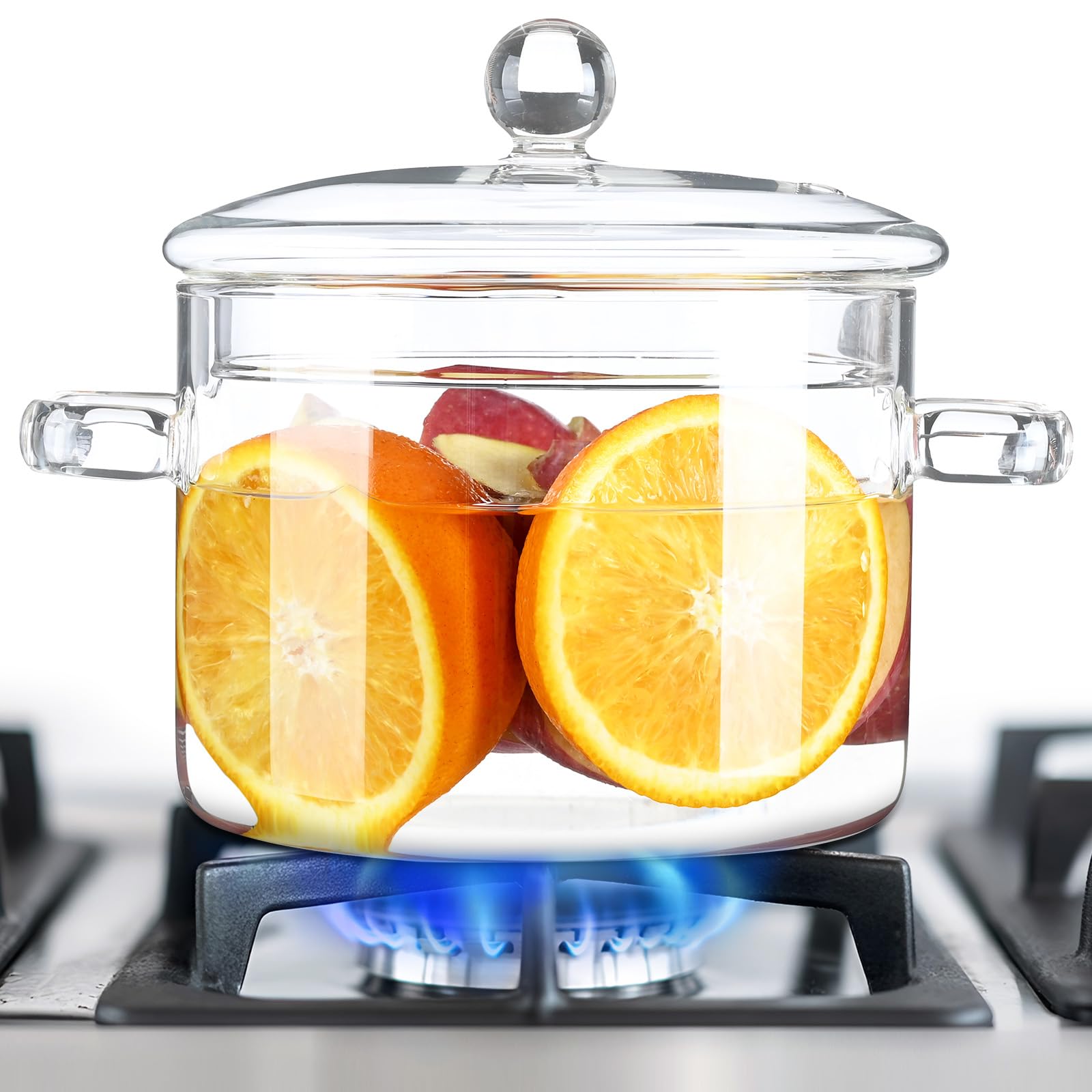 FrutPunch glass pot on stove for efficient daily cooking.