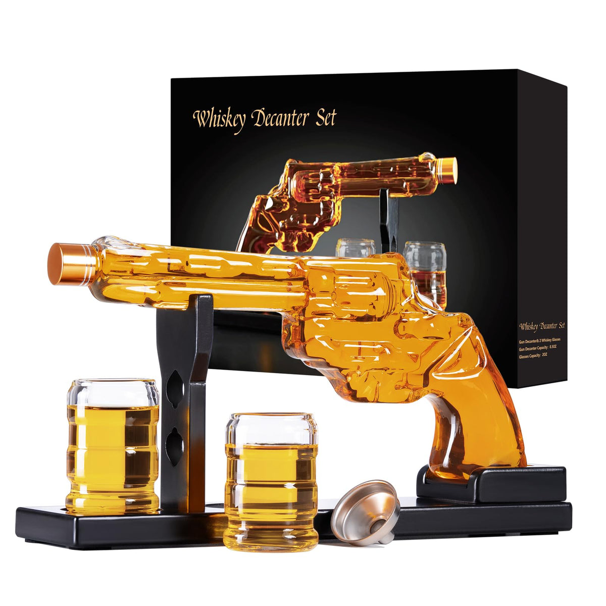 FrutPunch gun whiskey decanter set with two glasses for elegant home bar display.