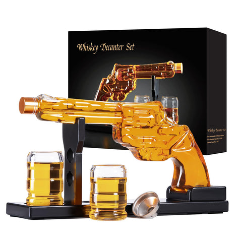 FrutPunch gun whiskey decanter set with two glasses for elegant home bar display.