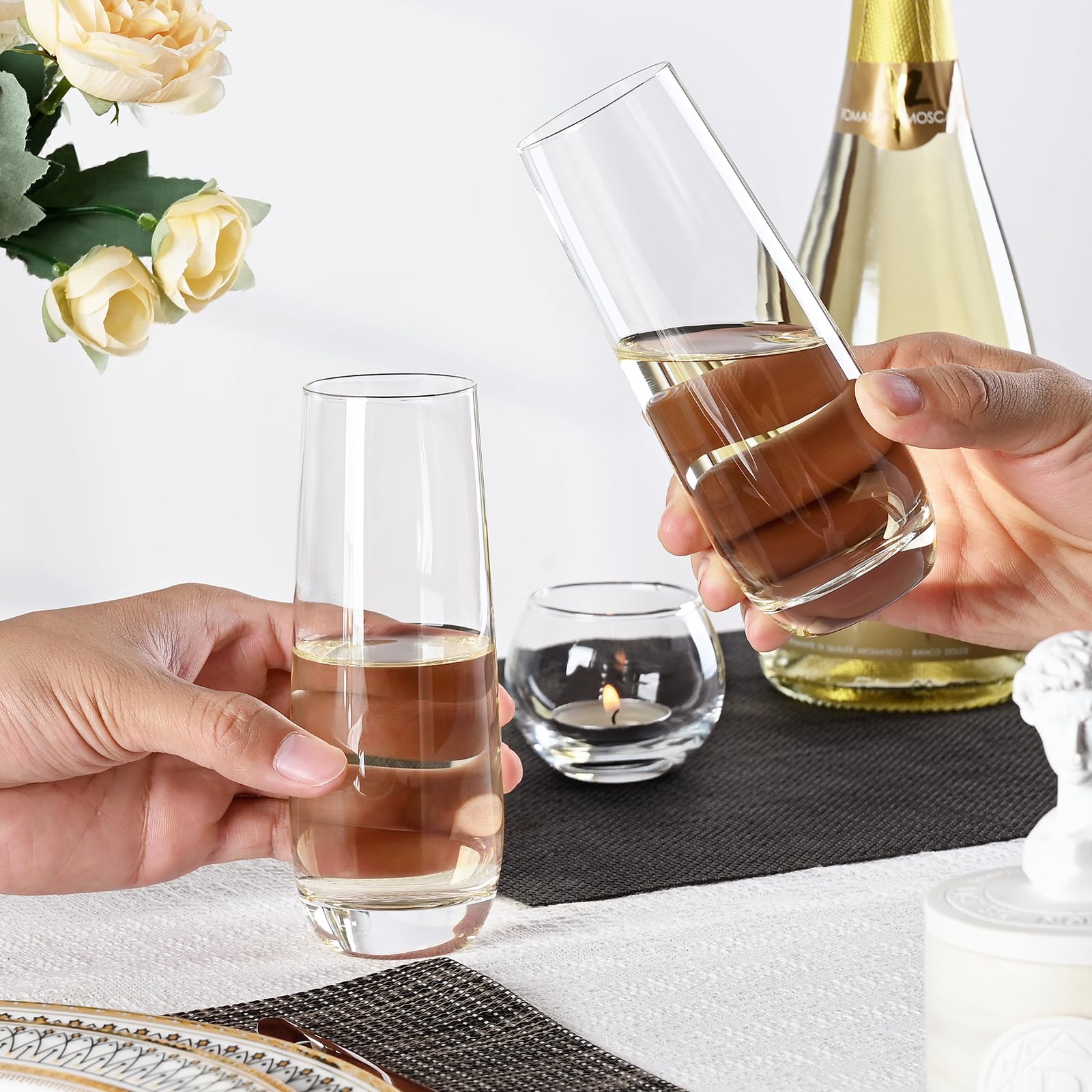 FrutPunch stemless design provides stable base and compact storage for bar cabinets.