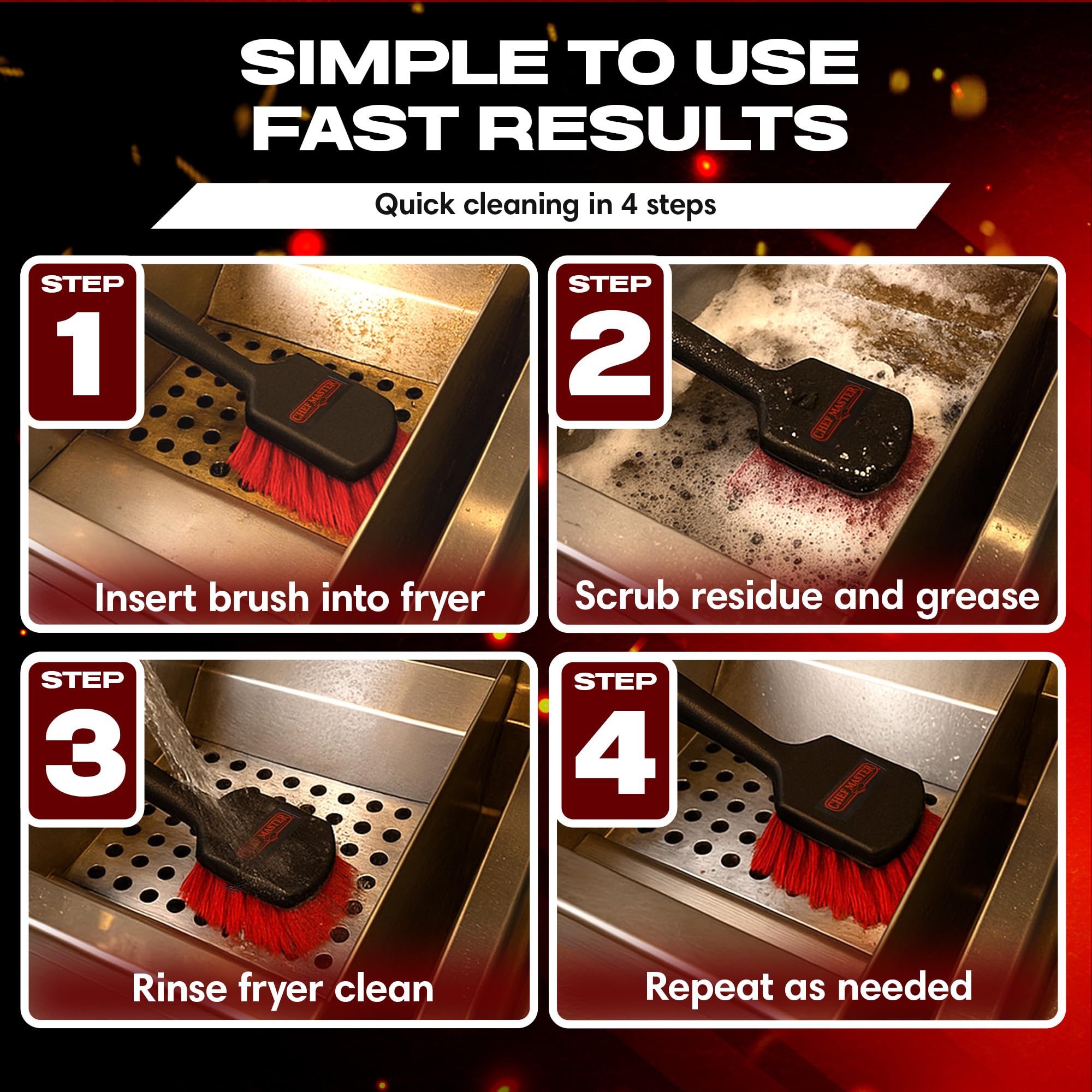FryOilSaver Co cleaning brush in action on commercial fryer with quick results