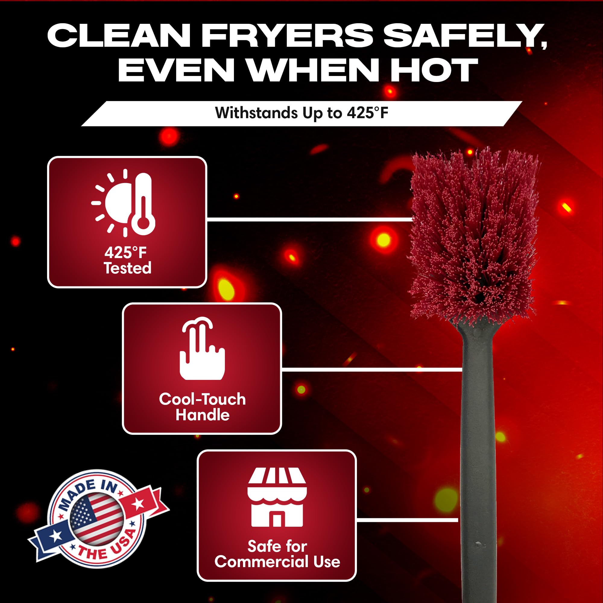 FryOilSaver Co heat-resistant bristles withstand up to 425°F for hot surface cleaning