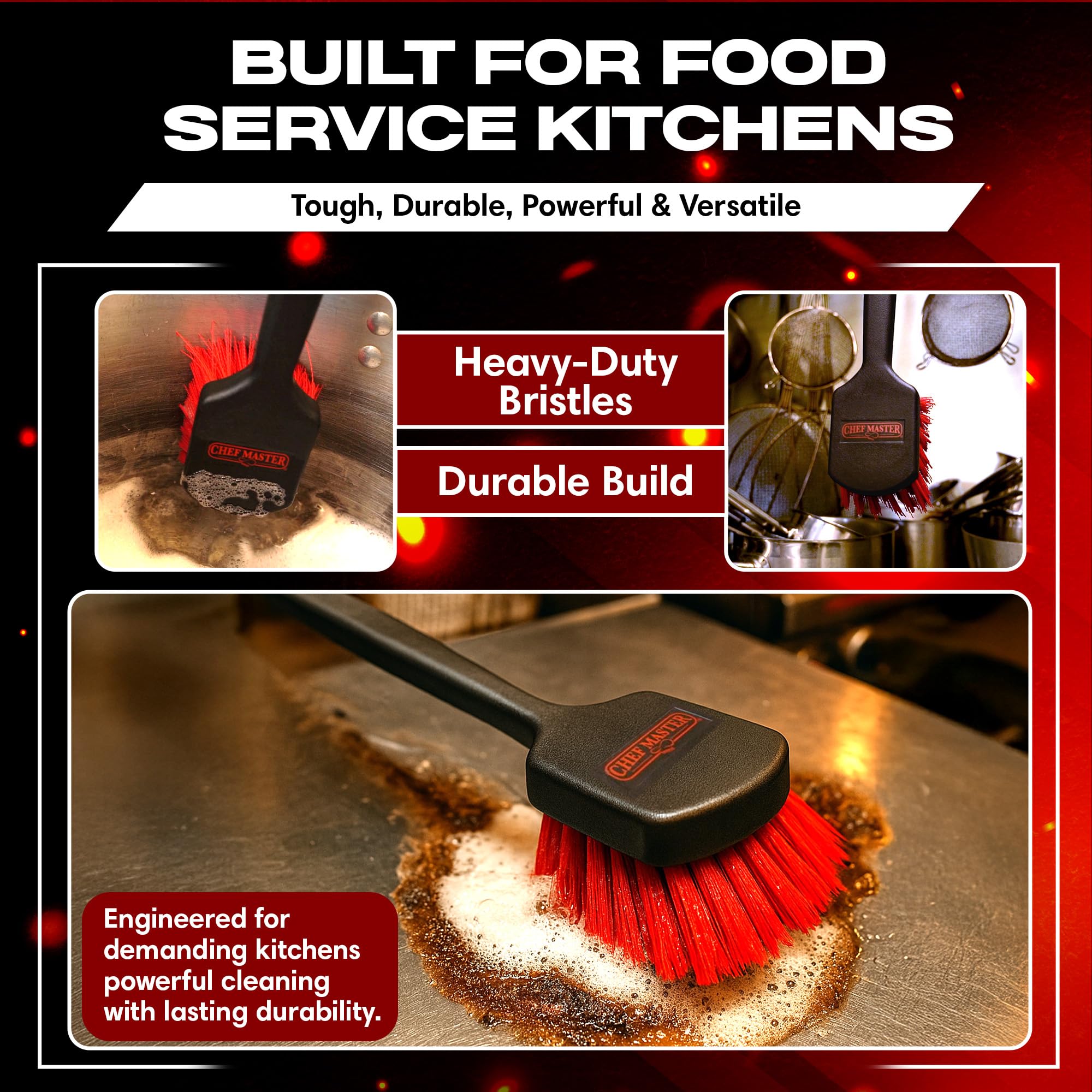 FryOilSaver Co stiff bristles remove baked-on grease from griddles and waffle irons