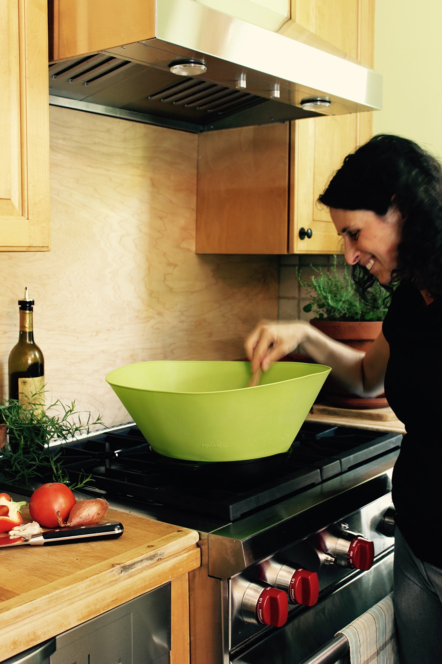 Frywall 12-inch compact storage sleeve shown after cooking
