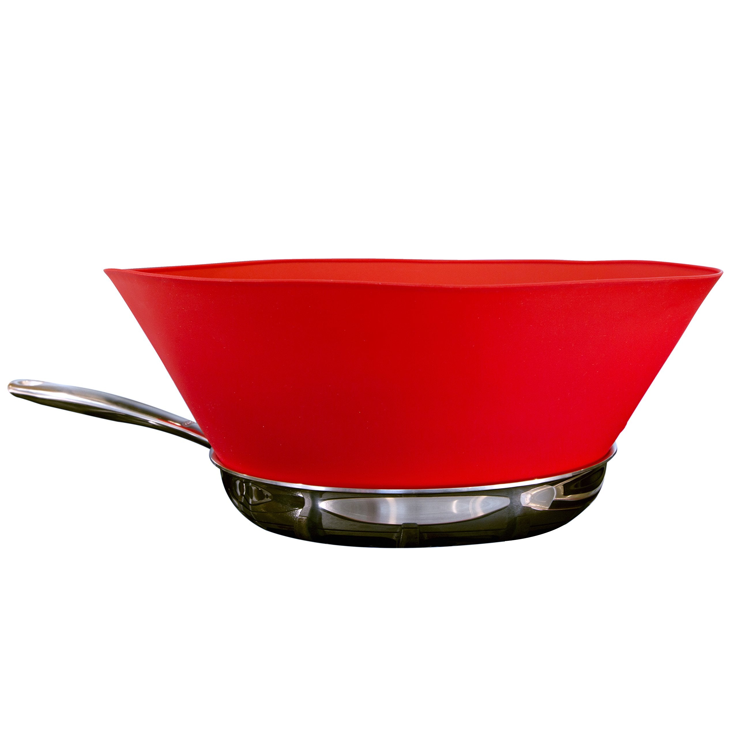 Frywall 12 large red splatter guard on a 12-inch pan reduces mess during cooking