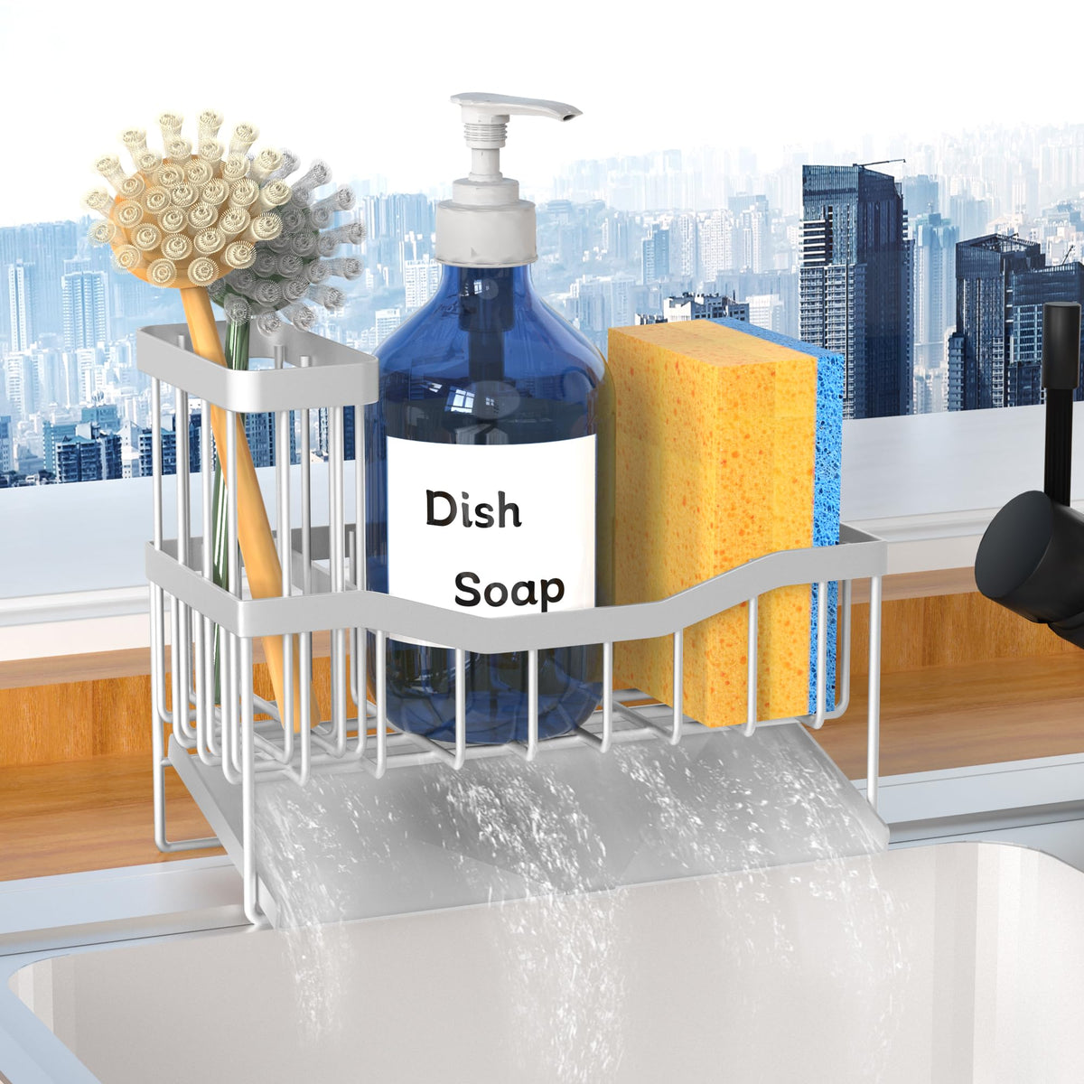 Fssvcd Maifan sink caddy with self-drain tray keeps countertops dry.