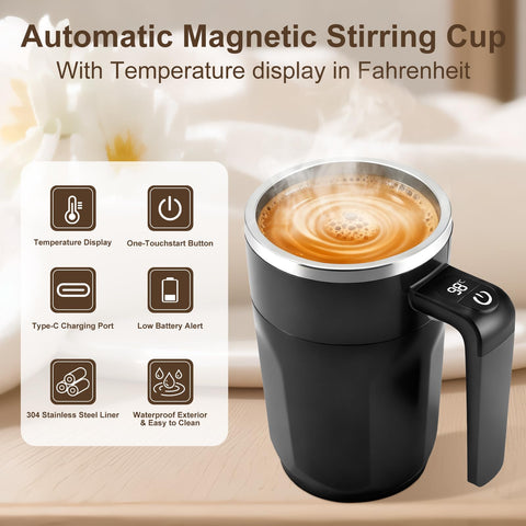 Ftutom USB charging self-stirring mug ready for travel with battery status.